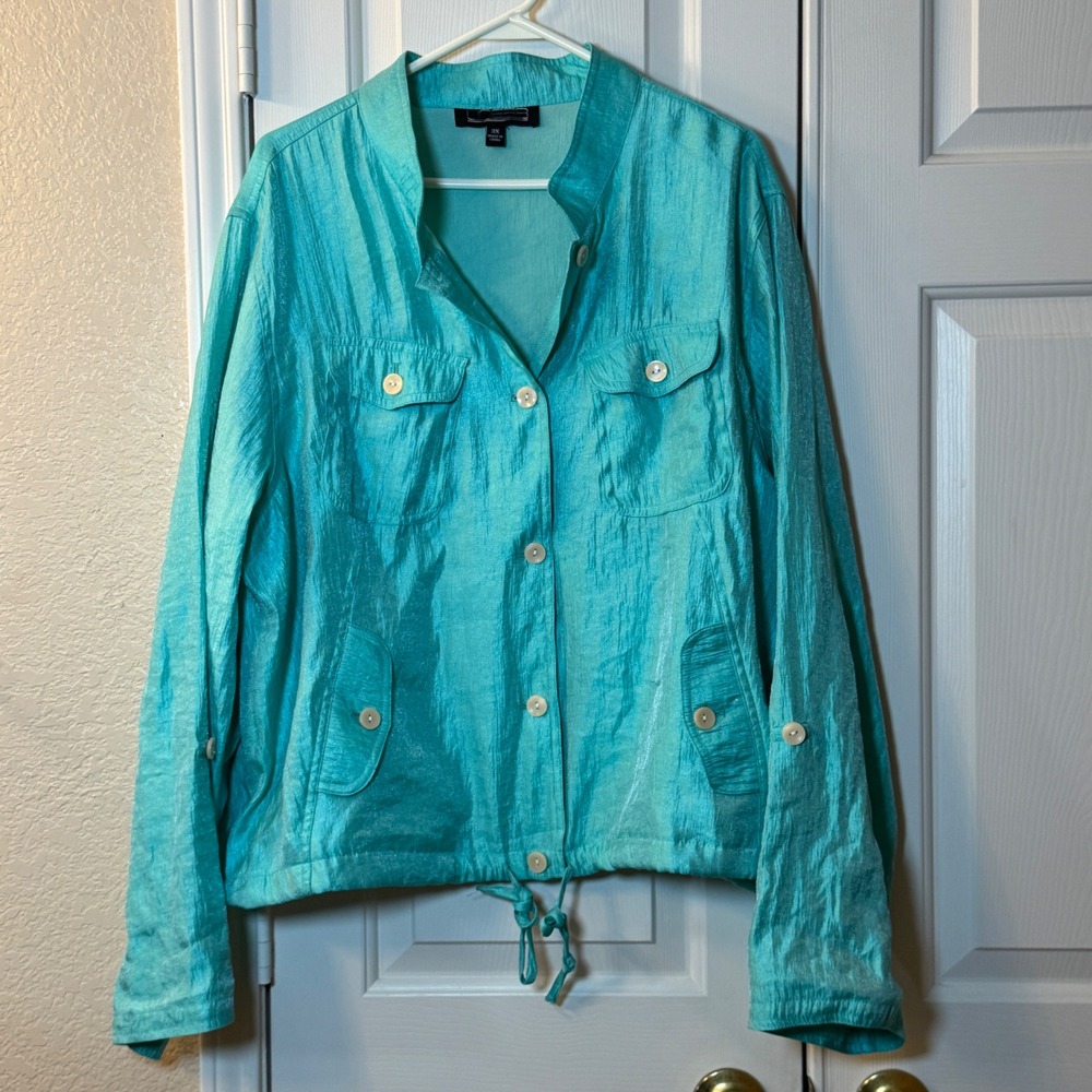 Linear Metallic Turquoise Button-Up Long  Sleeve Jacket Shirt, Women's Plus 3X